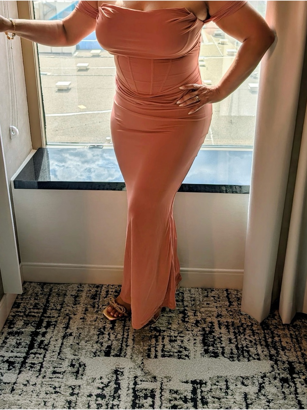 Off-Shoulder Corset Maxi Dress in Dusty Rose
